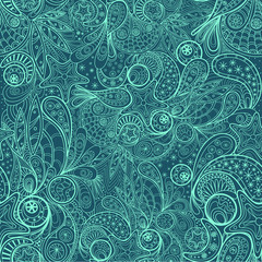 Белый узорчатый бесшовный орнамент на синем фоне. Векторная иллюстрация.