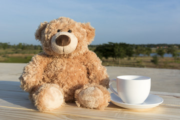 brown bear dolls with coffee glass in the morning