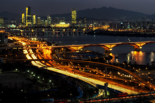 Night traffic over han river in seoul