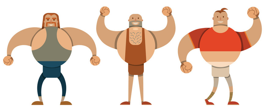Vector Set of big sportsmen in flat style. Cartoon image of a big round strong sportsmen in leotard of  different color on a light background. Drawn in a flat style.