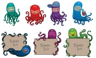 Vector Set of colorful funny octopuses. Cartoon image of seven funny octopuses in different colors on a light background.