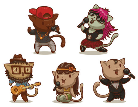 Vector Set of five cats singing songs in different styles. Set of five funny cats singing songs in different styles: pop, rock, rap, punk and others on a light background.