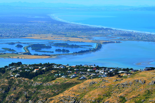 Aerial landscape view of Christchurch Canterbury plains and pega