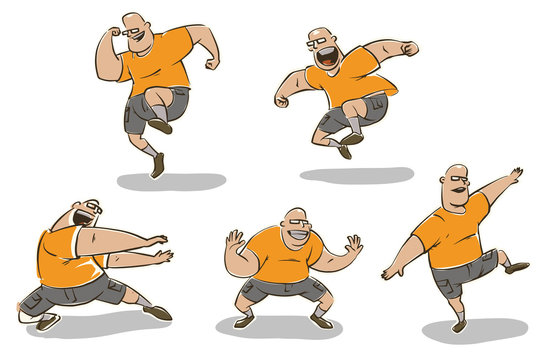 Vector Set of Funny fat men doing sport exercises. Cartoon images of funny fat bald men with glasses in gray shorts and orange shirts doing sports exercises on a light background.