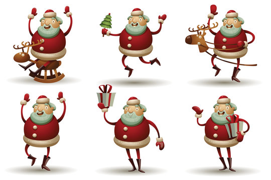 Vector Set of funny fat round Santas. Cartoon image of six funny fat round Santa Clauses in a red suits and hats, with different attributes in various poses on a light background.