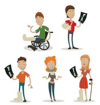 Vector Set of injured people. Cartoon image of five different people injured with plaster hands and feet on a light background.