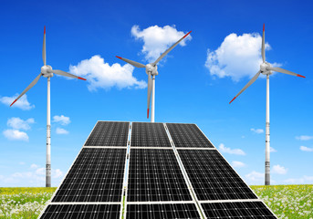 Solar energy panels and wind turbines. Clean energy concept.
