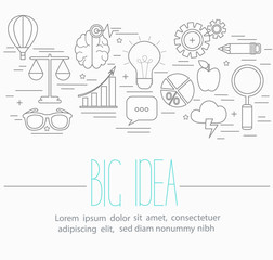 Line style vector illustration design concept of big idea, finding solution, brainstorming, creative thinking. Lots of business symbols isolated on background with place for your text.