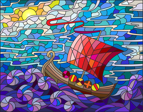 Illustration in stained glass style with antique ship against the sea, sky and sun