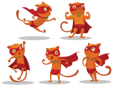 Vector Set of Superhero Cats.Cartoon image of five funny red cats in red pants, coats and masks of superheroes in various poses on a light background.