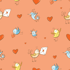 Vector seamless pattern by Valentine's Day with cartoon birds and hearts on  pink background.