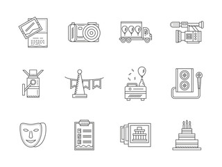 Black flat line party icons vector collection