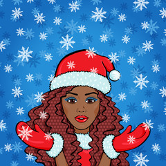 Vector retro afro woman in Snow Maiden red costume on blue dotted background, pop art comic style