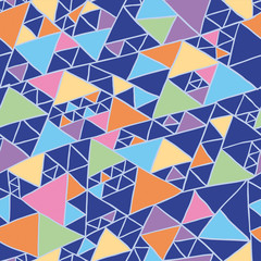 Vector colorful seamless pattern consisting of hand drown colored triangles of different sizes and irregular linear abstract grid on a dark blue background.