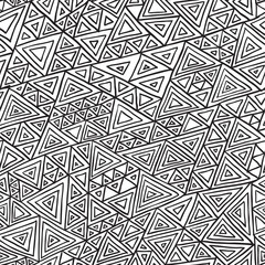Vector seamless pattern consisting of hand drown triangles of different sizes and linear abstract grid on a white background.