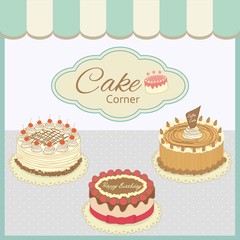 Vector drawing bakery cafe.The cakes show on shop window and decorate with awning.Vintage theme and pastel color tone.