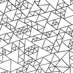 Vector seamless pattern consisting of hand drown triangles of different sizes and irregular linear abstract grid on a white background.