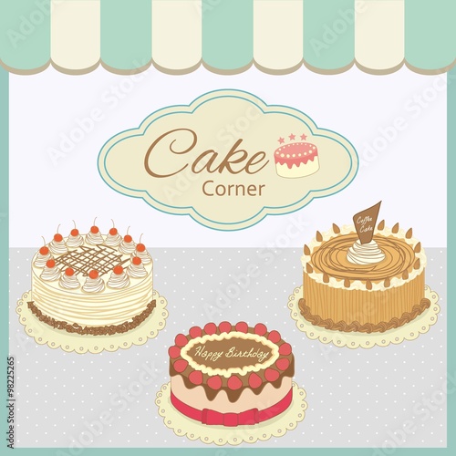"Vector drawing bakery cafe.The cakes show on shop window and decorate