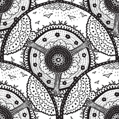 Vector Ethnic doodle black and white seamless round pattern with trees. Ethnic retro doodle black and white seamless round pattern with trees on a white background.