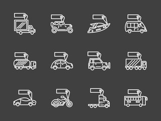 Sale of transport white line icons set 