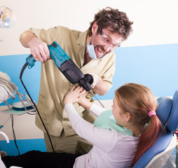 Crazy dentist treats teeth of the unfortunate patient. The patient is terrified. The dentist drills...
