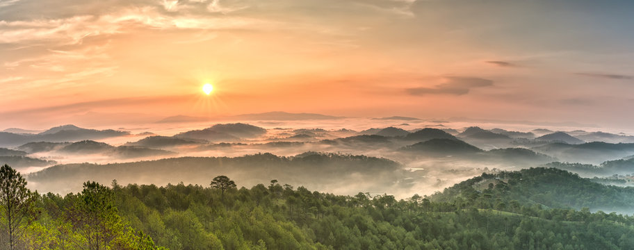 Fototapeta Panoramic sunrise highland pine forests with rays radiating sun yellow iridescent sky submerged beneath the pine forests big cloud coming over the hill to greet the new day was beautiful