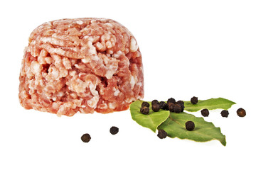 Minced pork and spices on white background