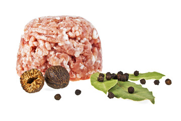 Minced pork and spices on white background