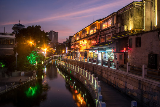 GUANGZHOU, CHINA-Oct. 18, 2015: Night view of Litchi Bay. Along the Litchi Bay there are many historical relics and historical architectures, now it's a famous tourist attraction in Guangzhou.