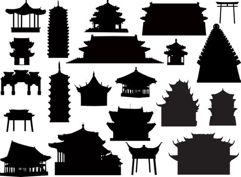twenty one isolated on white pagoda silhouettes