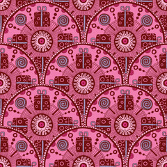 Vector Ethnic doodle colored seamless round pattern with gifts. Ethnic retro doodle colored seamless round pattern with gifts on a colored background.