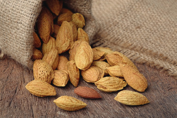 Almond with shell in sackcloth bag