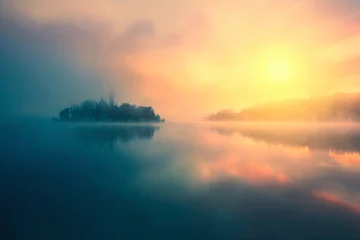 Gordijnen Mistige ochtend in het meer van Bled © Kavita