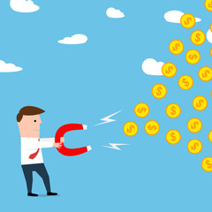 Man with magnet attracting coins