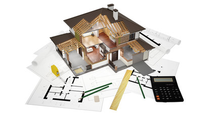 A conceptual image of a modern cottage with furniture, three-dimensional models and drawings