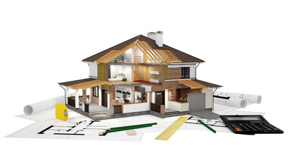 A conceptual image of a modern cottage with furniture, three-dimensional models and drawings