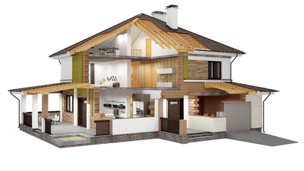 A conceptual image of a modern cottage with furniture, three-dimensional models