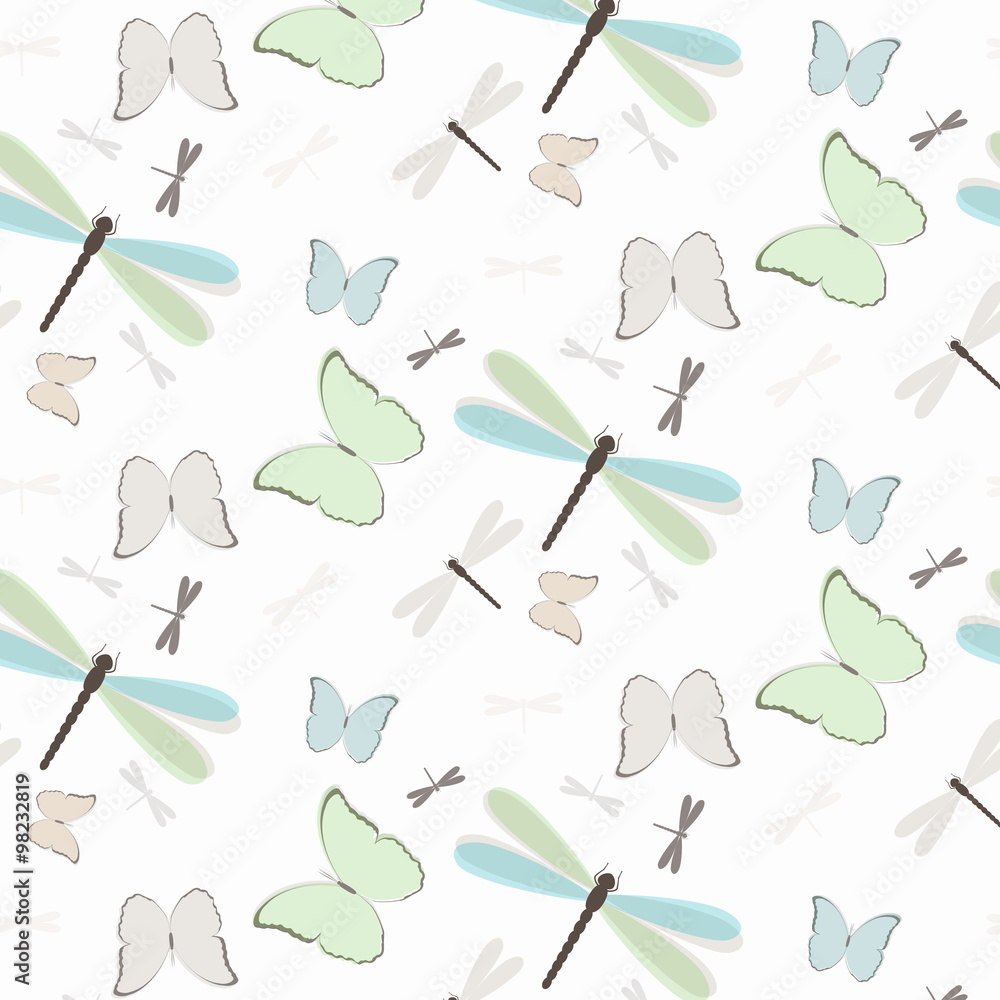 Poster seamless pattern with dragonflies and butterflies