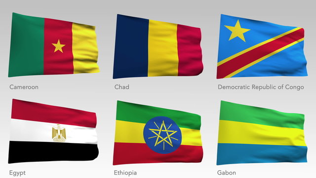 animated African flags collection with alpha channel, Cameroon, Chad, Democratic republic of Congo, Egypt, Ethiopia, Gabon
