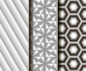 3 different vector seamless patterns.  Geometric different  3D shape. Endless texture can be used for wallpaper, pattern fills, web page background,surface textures.