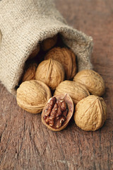 Walnuts in sackcloth bag