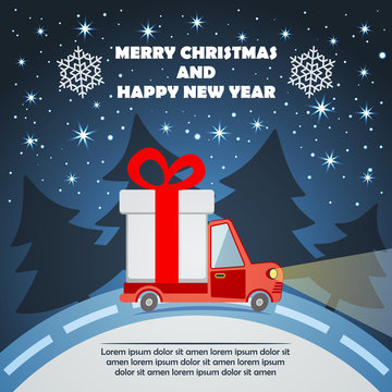 Christmas and New Year Greeting Card with Gift Delivery Van