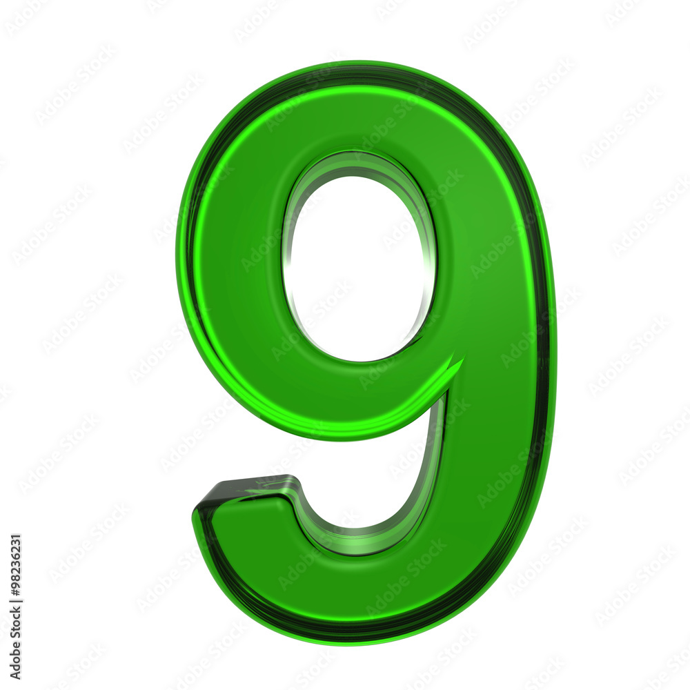 Poster one digit from emerald alphabet set, isolated on white. computer generated 3d photo rendering.