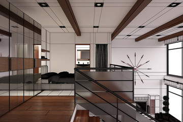 3D Interior rendering of a modern tiny loft