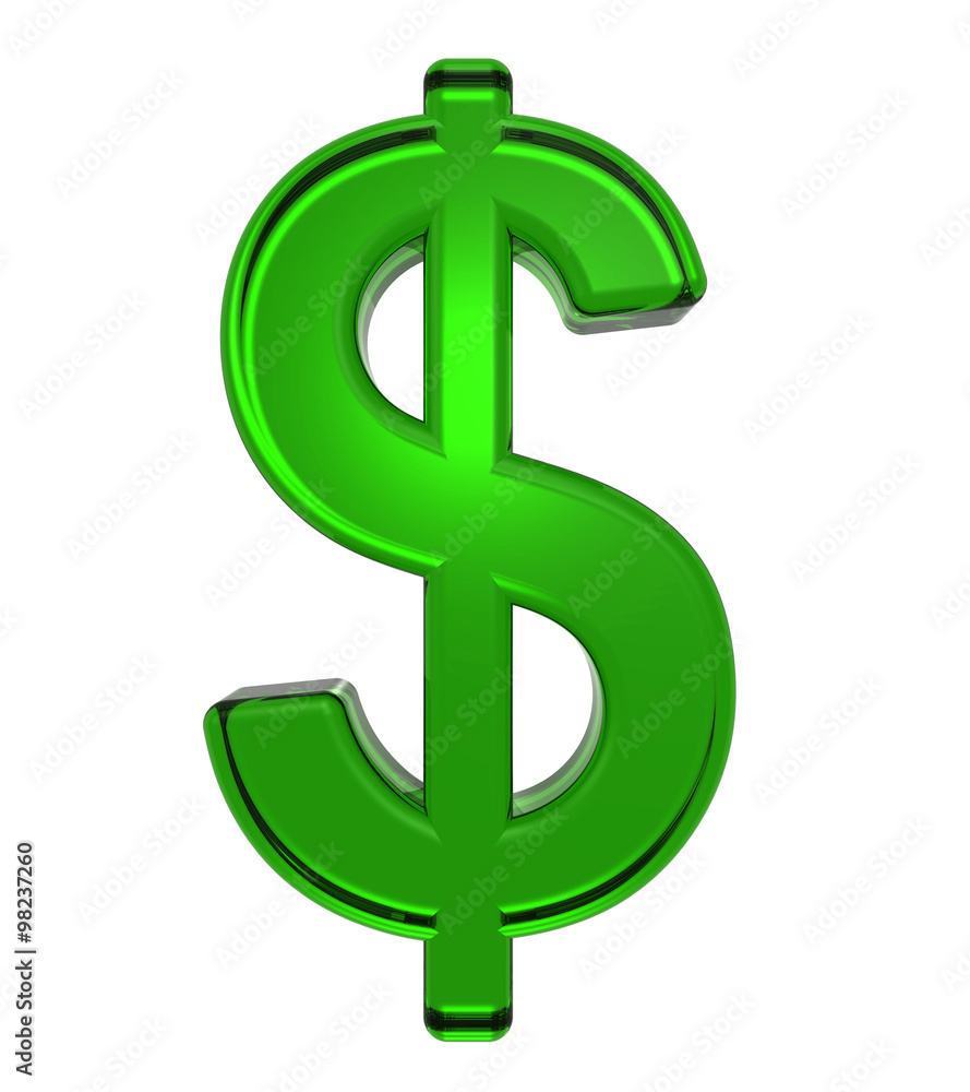 Poster dollar sign from emerald alphabet set, isolated on white. computer generated 3d photo rendering.