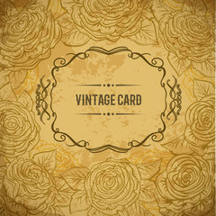 Vintage design cover card with roses and leaves on aged paper background. Retro hand drawn vector illustration. Isolated elements. Mother's day, wedding invitation, save the date, birthday