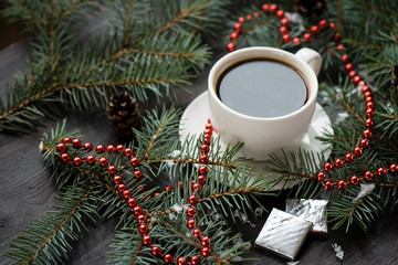 Holiday Christmas still life with cup of coffee and chocolate