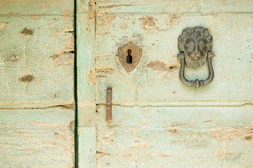 Old green wooden door, with lion head knocker