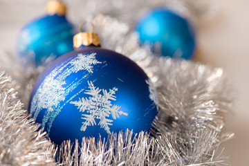 Blue Christmas ornament ball, and silver fir decoration