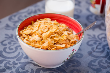 breakfast golden cornflakes cereal in the bowl